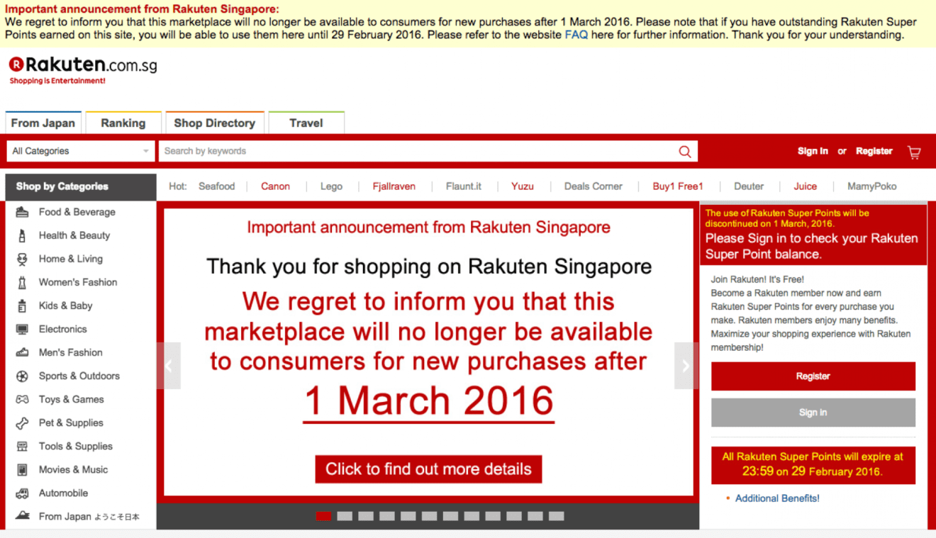 Rakuten Singapore axes eCommerce site