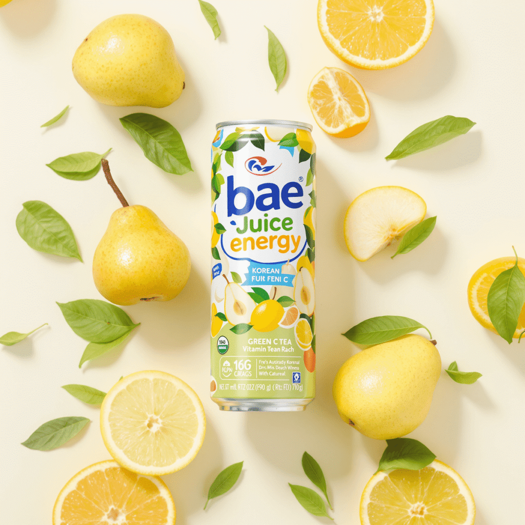 A vibrant Bae Juice Energy can surrounded by Korea efaa116e e228 45a6 9328 c7ab5d9b3770