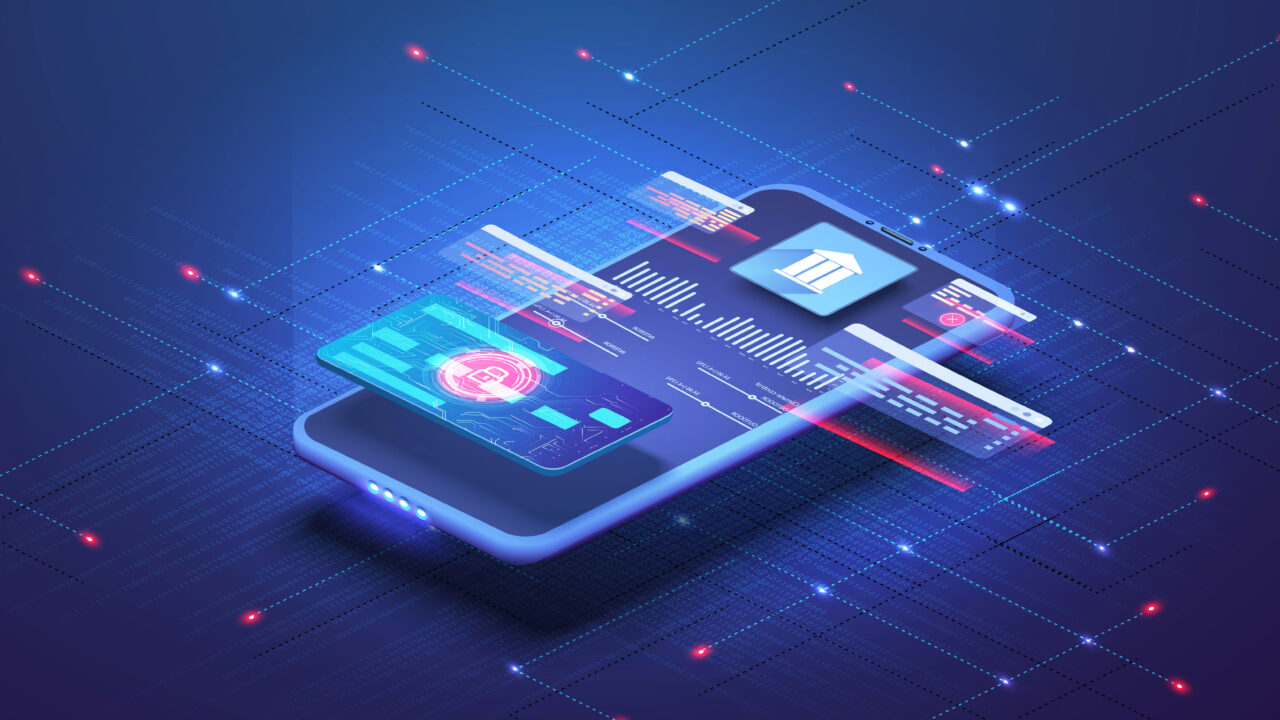 Online banking app landing page. Smart wallet concept with credit, debit card payment application. Gadget of the future, smartphone tech payment. Flat Isometric vector illustration. E payment screen